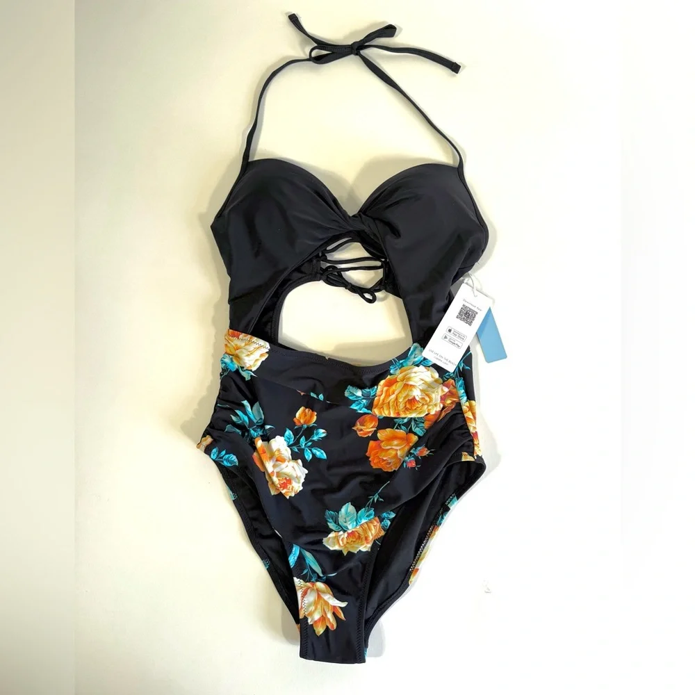 Cupshe Black Floral Print Halter Lace-Up Tummy Control One Piece Swimsuit - Picture 9 of 16